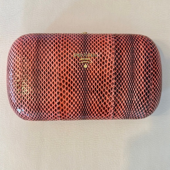 Prada Ayers SnakeSkin Coral Pink Brown Box Clutch - Picture 3 of 14
